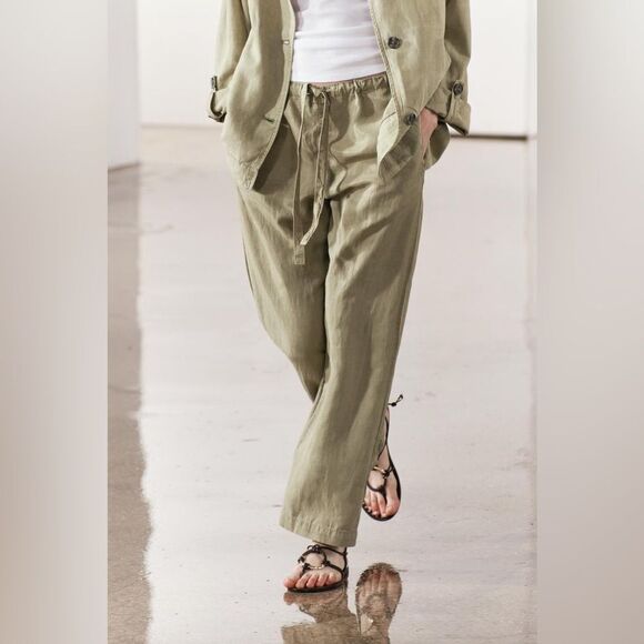 NWT ZARA ZW COLLECTION PAJAMA PANTS LIGHT KHAKI GREEN SMALL - Picture 8 of 16